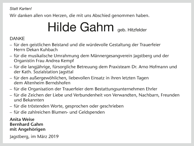  Traueranzeige für Hilde Gahm vom 16.03.2019 aus 