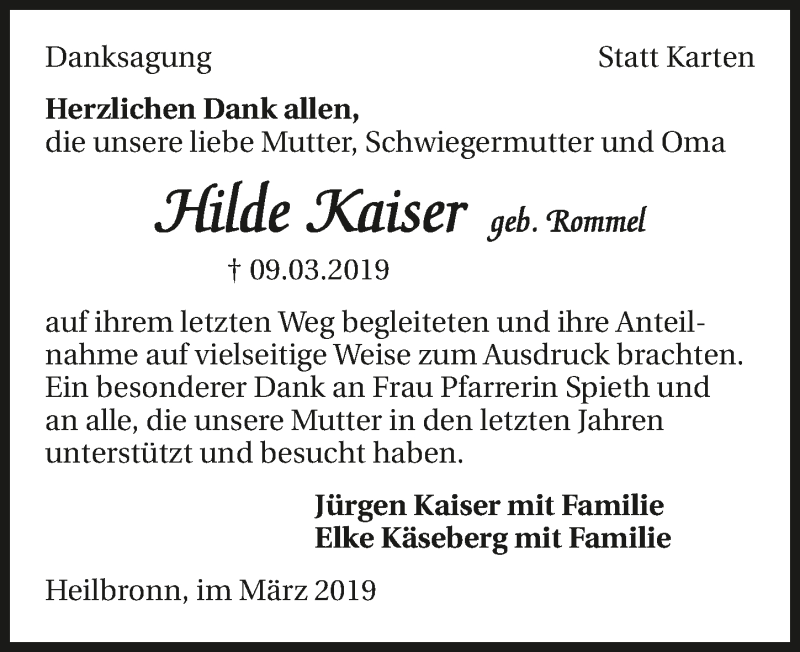  Traueranzeige für Hilde Kaiser vom 30.03.2019 aus 