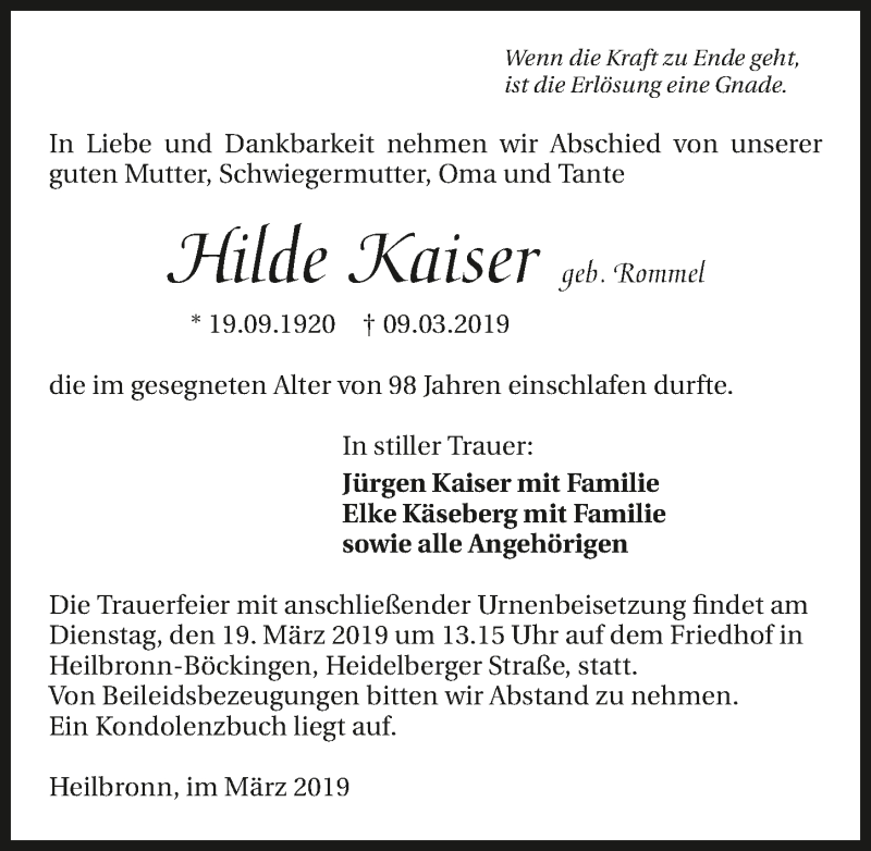  Traueranzeige für Hilde Kaiser vom 13.03.2019 aus 