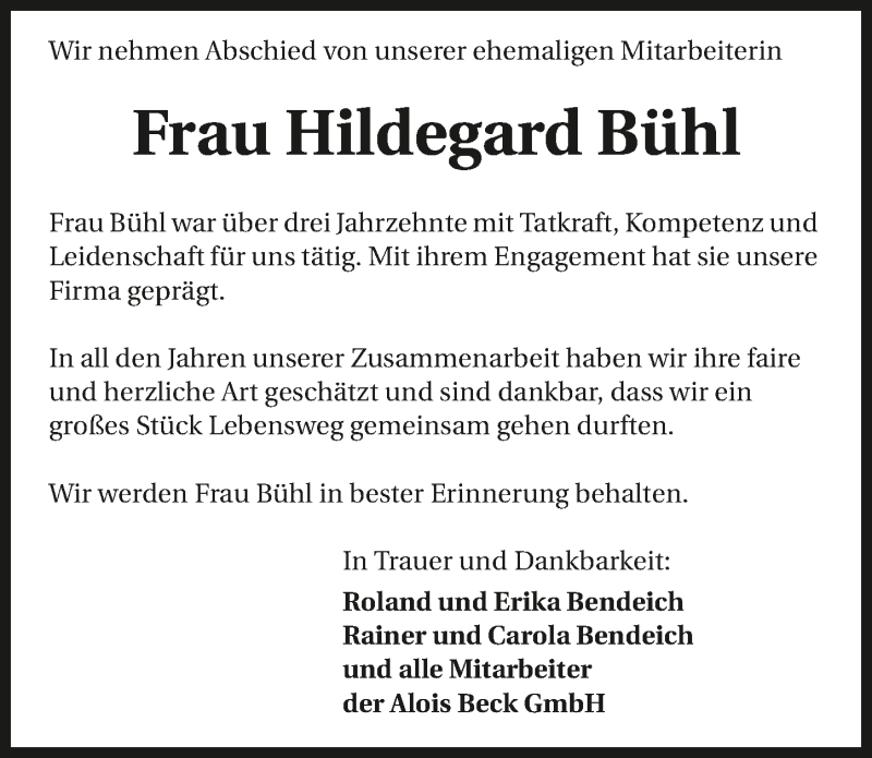  Traueranzeige für Hildegard Bühl vom 22.03.2019 aus 