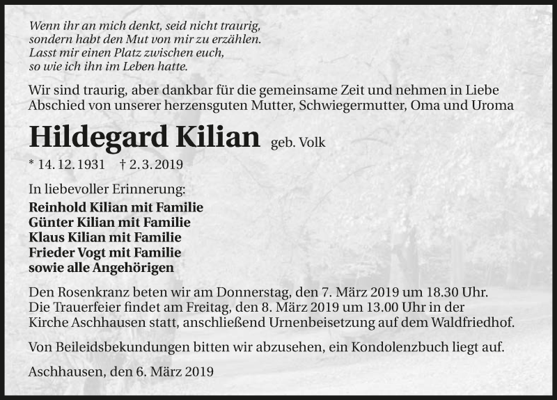  Traueranzeige für Hildegard Kilian vom 06.03.2019 aus 