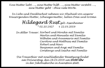 Traueranzeige von Hildegard Rust 