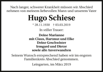 Traueranzeige von Hugo Schiese 