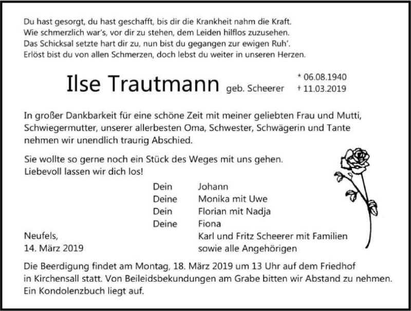  Traueranzeige für Ilse Trautmann vom 14.03.2019 aus 