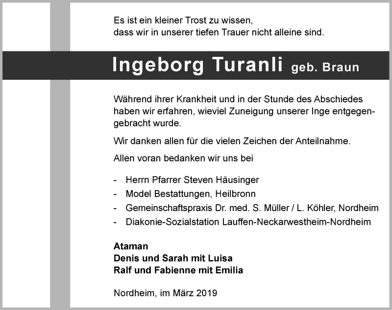  Traueranzeige für Ingeborg Turanli vom 23.03.2019 aus 