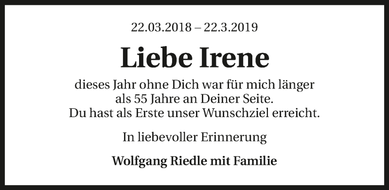  Traueranzeige für Irene Riedle vom 22.03.2019 aus 