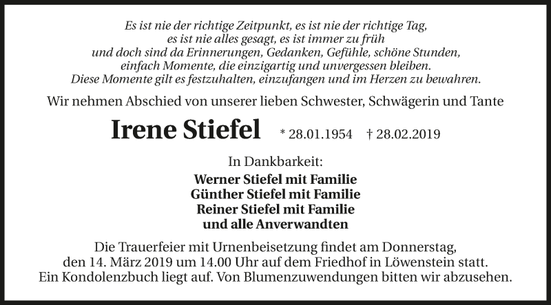  Traueranzeige für Irene Stiefel vom 11.03.2019 aus 