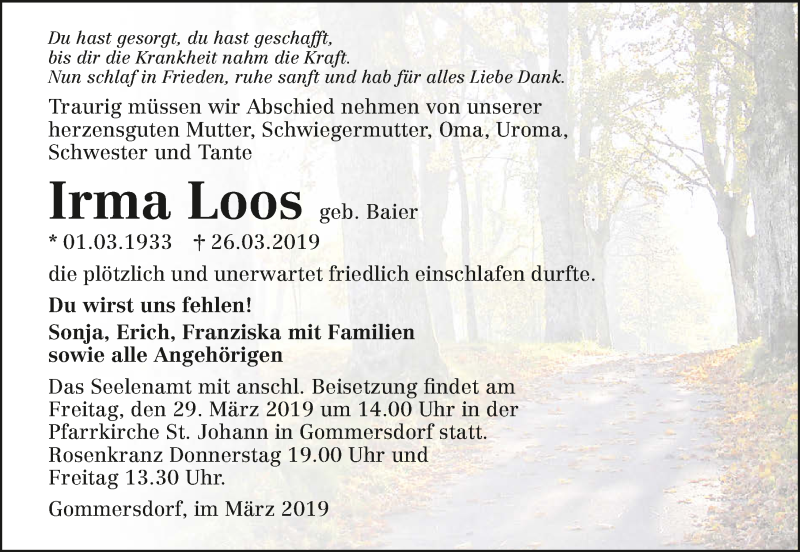  Traueranzeige für Irma Loos vom 28.03.2019 aus 