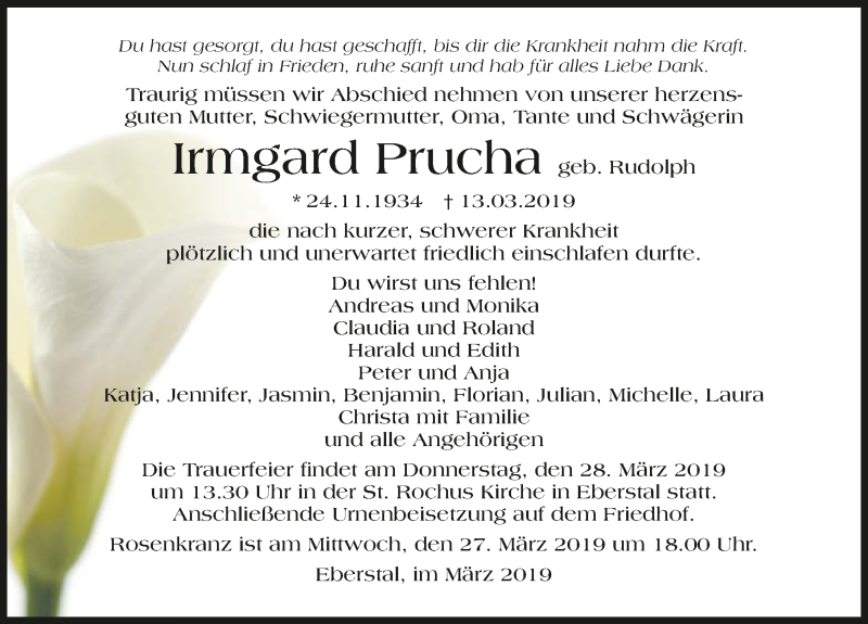  Traueranzeige für Irmgard Prucha vom 25.03.2019 aus 