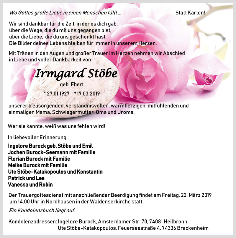  Traueranzeige für Irmgard Stöbe vom 19.03.2019 aus 