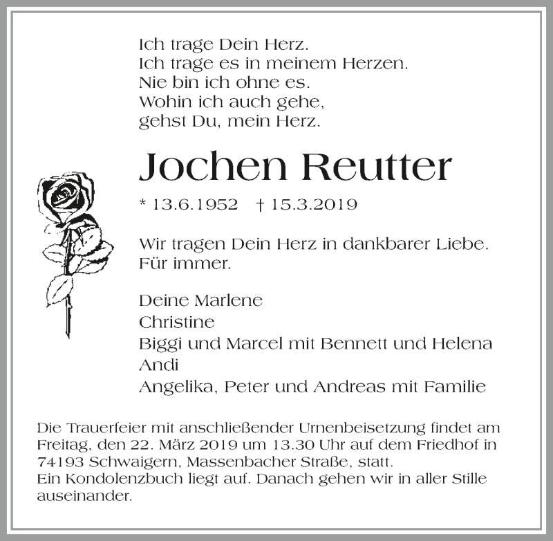  Traueranzeige für Jochen Reutter vom 20.03.2019 aus 