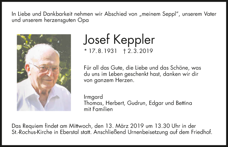  Traueranzeige für Josef Keppler vom 09.03.2019 aus 