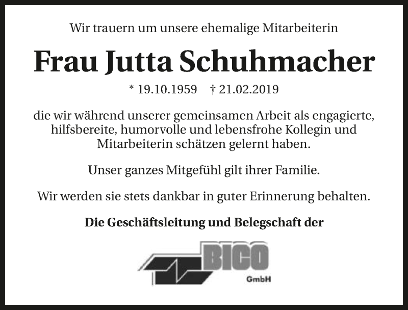  Traueranzeige für Jutta Schuhmacher vom 14.03.2019 aus 