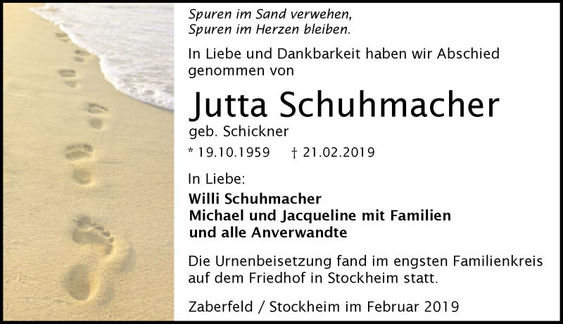  Traueranzeige für Jutta Schuhmacher vom 13.03.2019 aus 