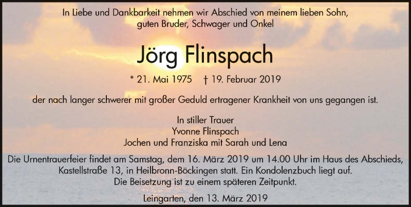  Traueranzeige für Jörg Flinspach vom 13.03.2019 aus 