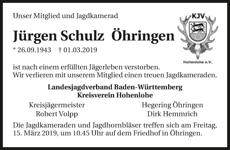  Traueranzeige für Jürgen Schulz vom 12.03.2019 aus 