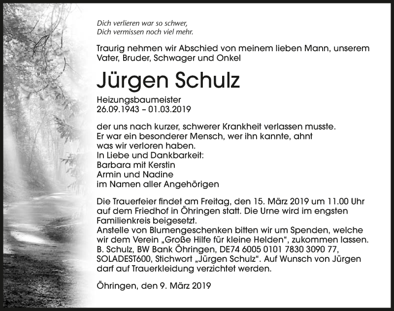  Traueranzeige für Jürgen Schulz vom 09.03.2019 aus 