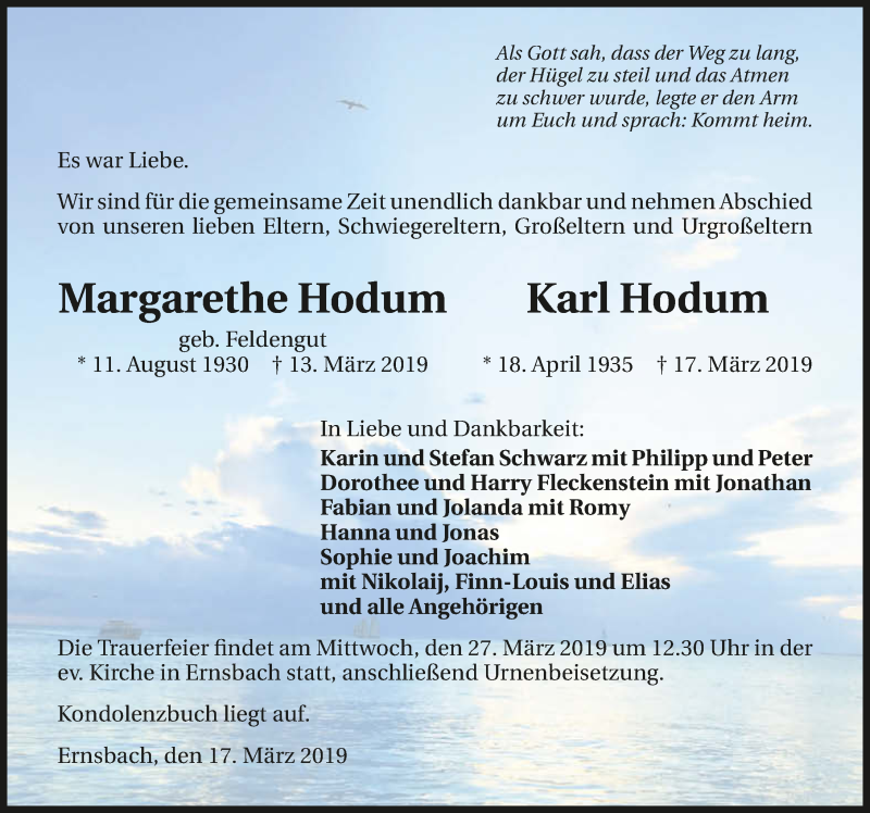  Traueranzeige für Karl Hodum vom 23.03.2019 aus 