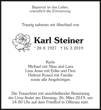 Traueranzeige von Karl Steiner 
