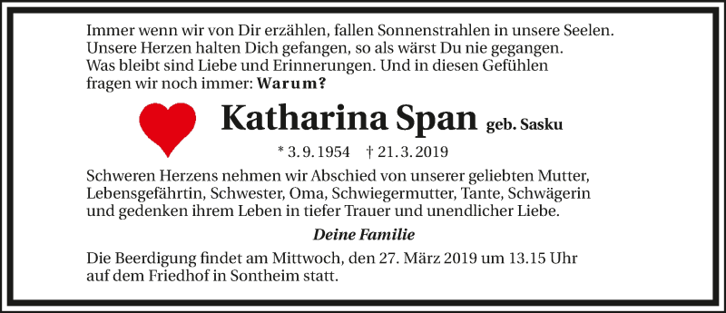  Traueranzeige für Katharina Span vom 23.03.2019 aus 