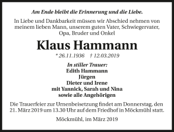 Traueranzeige von Klaus Hamann 