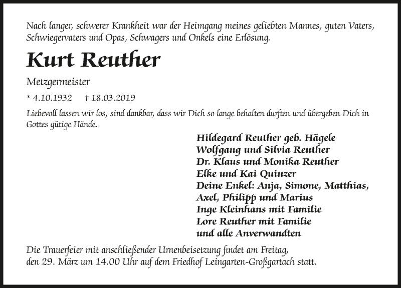  Traueranzeige für Kurt Reuther vom 26.03.2019 aus 