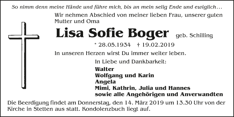  Traueranzeige für Lisa Sofie Boger vom 09.03.2019 aus 