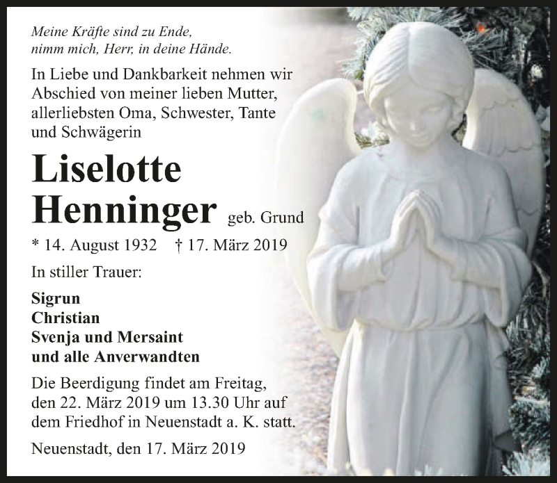 Traueranzeige für Liselotte Henninger vom 20.03.2019 aus 