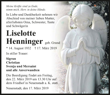 Traueranzeige von Liselotte Henninger 