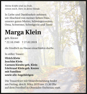 Traueranzeige von Marga Klein 