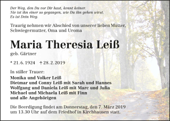 Traueranzeige von Maria Theresia Leiß 