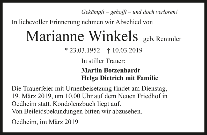  Traueranzeige für Marianne Winkels vom 15.03.2019 aus 
