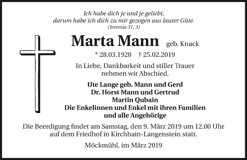  Traueranzeige für Marta Mann vom 02.03.2019 aus 
