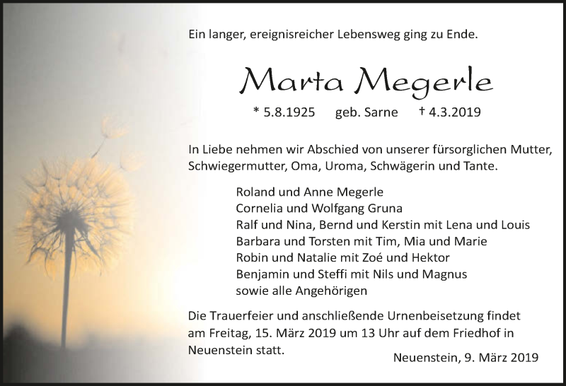  Traueranzeige für Marta Megerle vom 09.03.2019 aus 