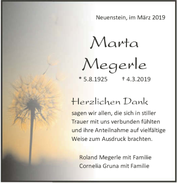 Traueranzeige von Marta Megerle 