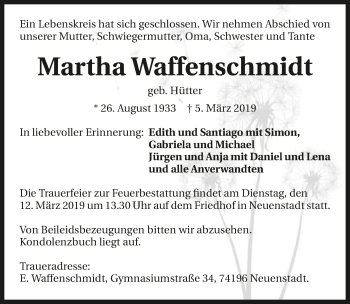 Traueranzeige von Martha Waffenschmidt 