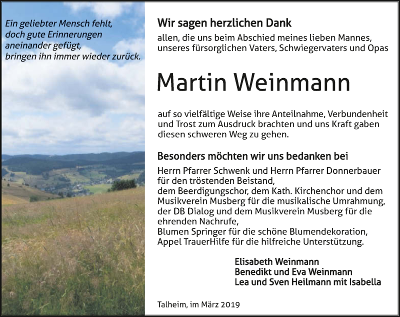  Traueranzeige für Martin Weinmann vom 16.03.2019 aus 