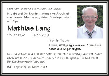 Traueranzeige von Mathias Lang 