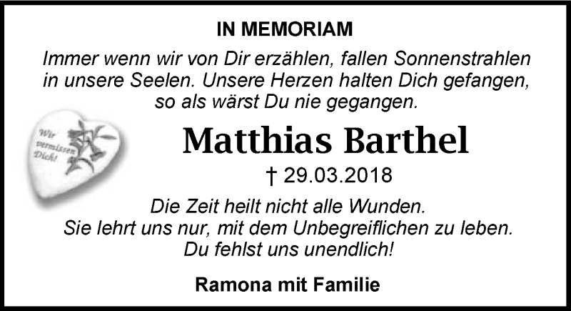  Traueranzeige für Matthias Barthel vom 29.03.2019 aus 