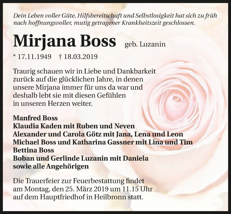  Traueranzeige für Mirjana Boss vom 21.03.2019 aus 