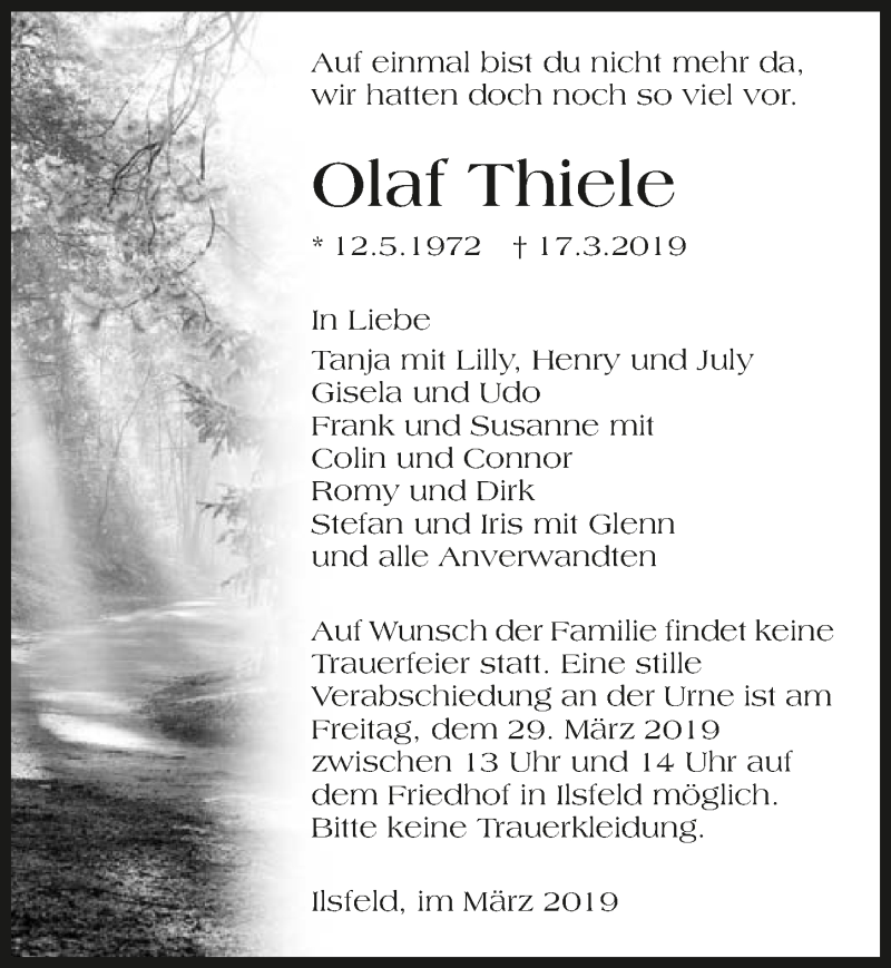  Traueranzeige für Olaf Thiele vom 27.03.2019 aus 