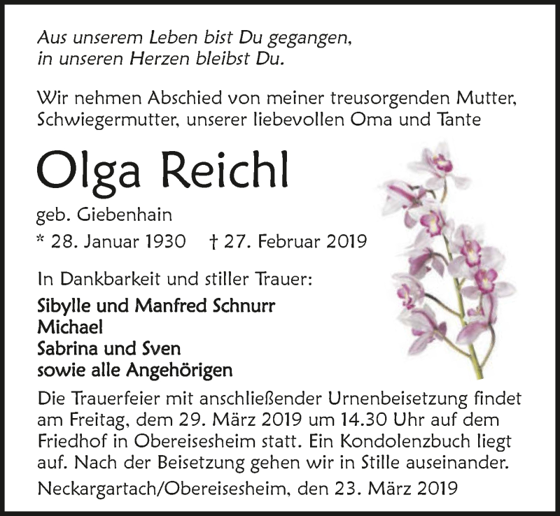  Traueranzeige für Olga Reichl vom 23.03.2019 aus 
