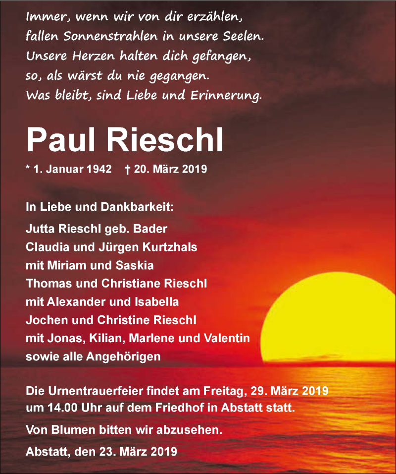  Traueranzeige für Paul Rieschl vom 23.03.2019 aus 