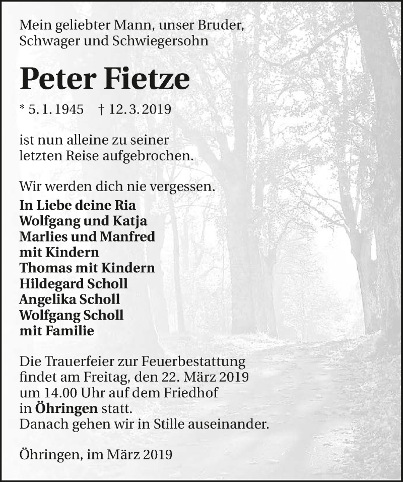  Traueranzeige für Peter Fietze vom 19.03.2019 aus 