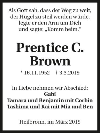 Traueranzeige von Prentice C. Brown 