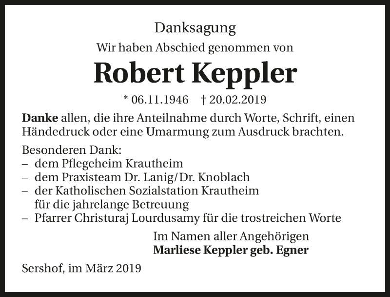  Traueranzeige für Robert Keppler vom 29.03.2019 aus 