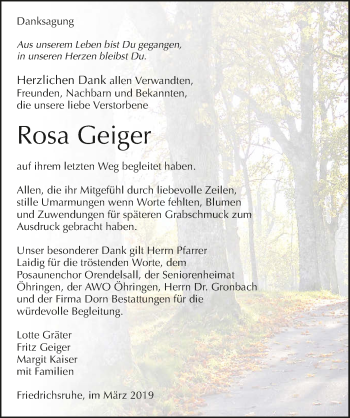 Traueranzeige von Rosa Geiger 