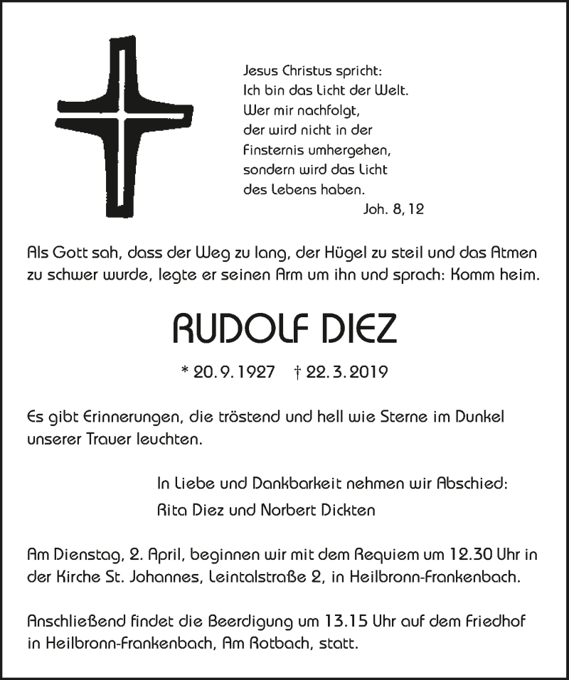  Traueranzeige für Rudolf Diez vom 29.03.2019 aus 