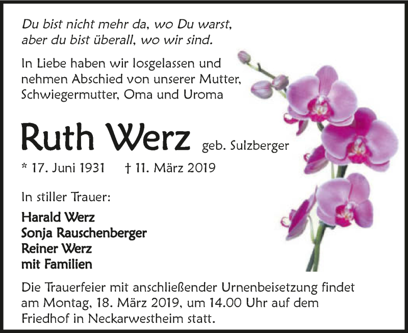  Traueranzeige für Ruth Werz vom 14.03.2019 aus 
