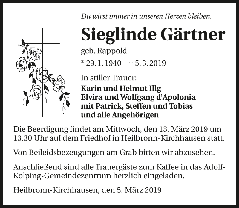  Traueranzeige für Sieglinde Gärtner vom 09.03.2019 aus 